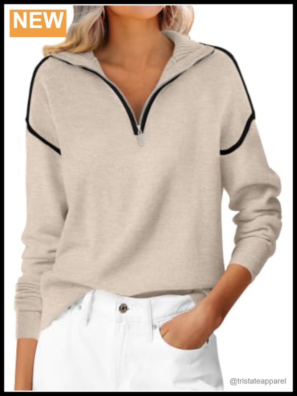 Quarter Zip Pullover Sweater Loose Fit Long Sleeve Knit Collared